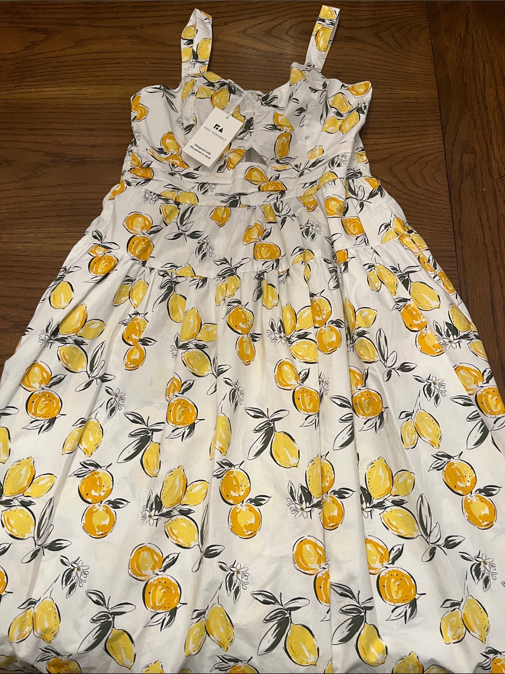 Free Assembly Ruched Cutout Cotton Midi Dress with Lemon Print, size small, NWT